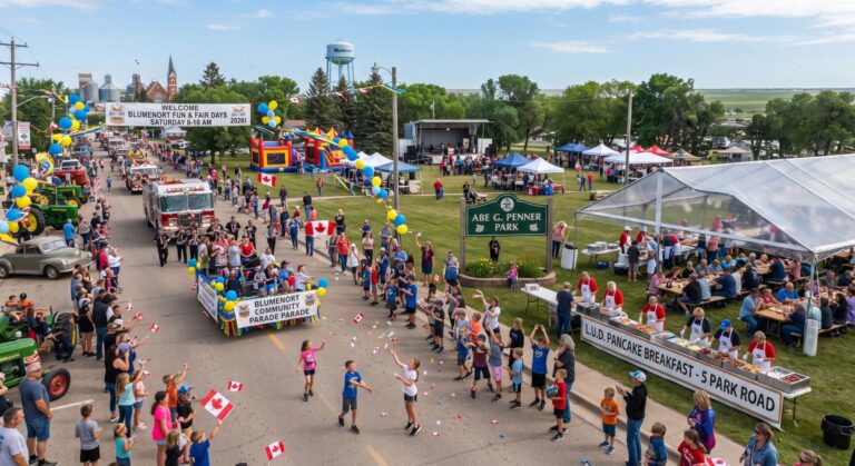 Families enjoying the free pancake breakfast and community parade at the Blumenort Fun and Fair in Blumenort, Manitoba.