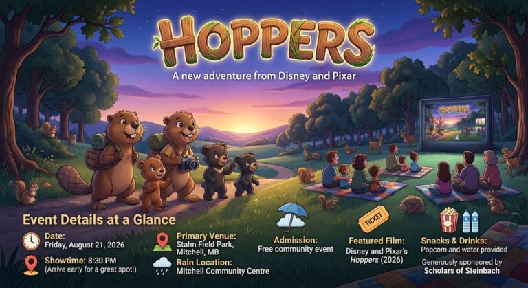 Outdoor family movie night at Stahn Field Park near Blumenort, MB with an inflatable screen and community members.