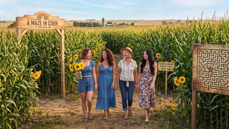 Ladies group enjoying the Sunflower Expo at A Maze In Corn near Blumenort MB in August.