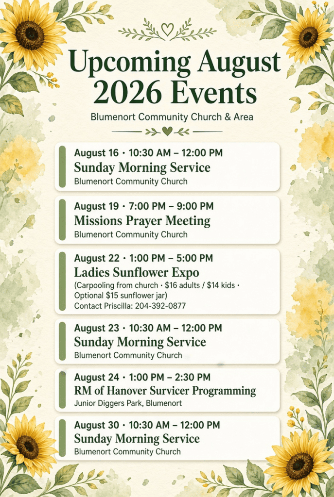 Upcoming events in Blumenort for August