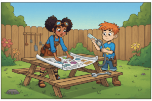 Sprout & Spark comic, Episode 1 — Sprout and Spark build a hydro-powered Archime