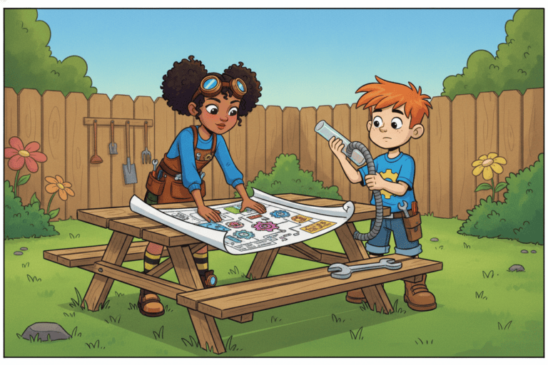 Sprout & Spark comic, Episode 1 — Sprout and Spark build a hydro-powered Archime